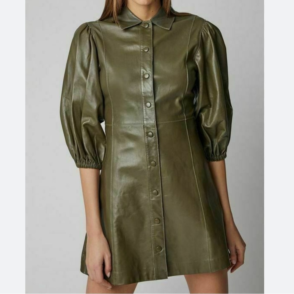 Beulah Green Coated Vegan Leather Button Down Puff Sleeve Minidress- S